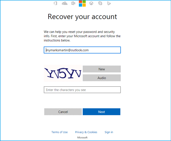 recover outlook email account password