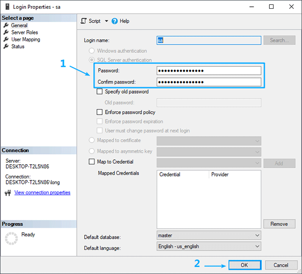 change SQL sa password