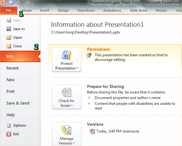 click file and click info to set permission to the presentation