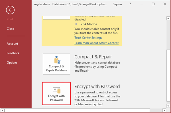 encrypt access 2016 with password