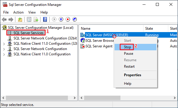 stop SQL service by scm