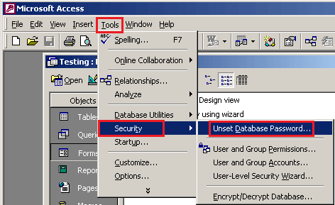 remove database password from access