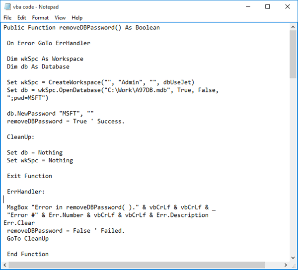 vba code to remove database password