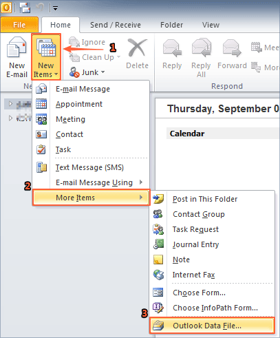 create a new outlook PST file in Outlook 2010 