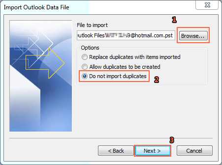 select the pst file to merge
