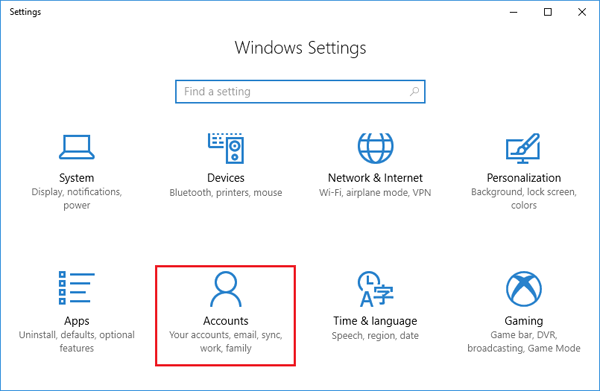 open accounts settings on windows 10