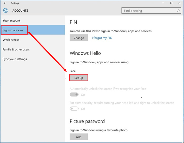 set up face recognition on surface