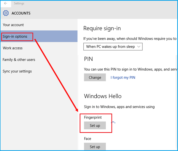 set up fingerprint on surface