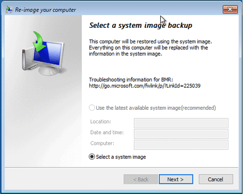 select a system image backup