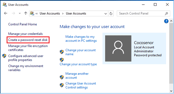 select create a password reset disk