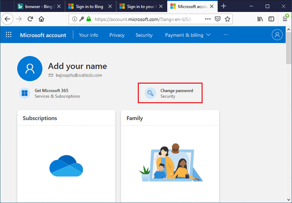 change microsoft account password