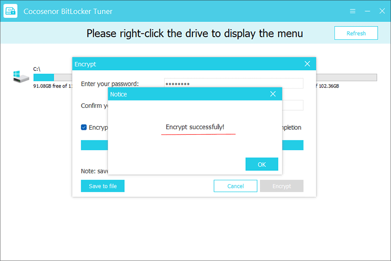 enable BitLocker on the drive successfully