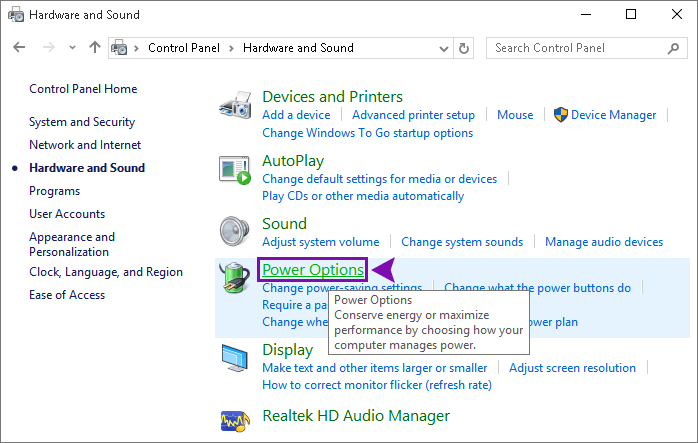 tap power options