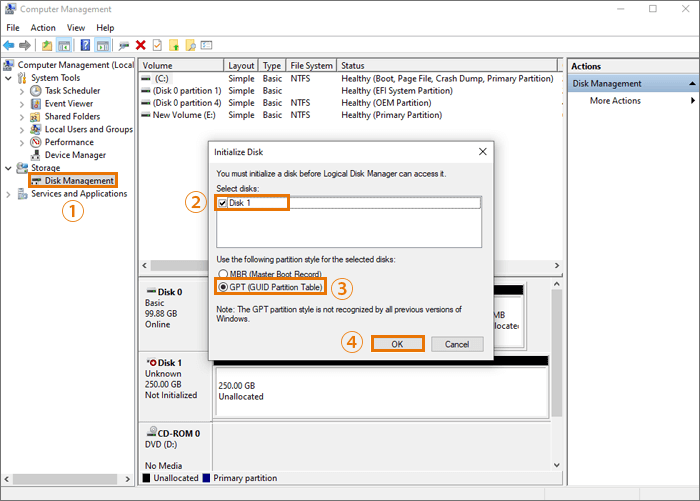 initialize and create volumes for the new ssd