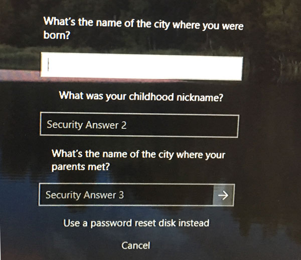 enter security answers