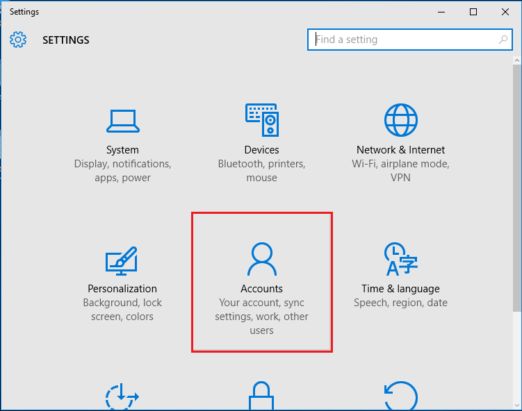 open accounts settings on windows 10