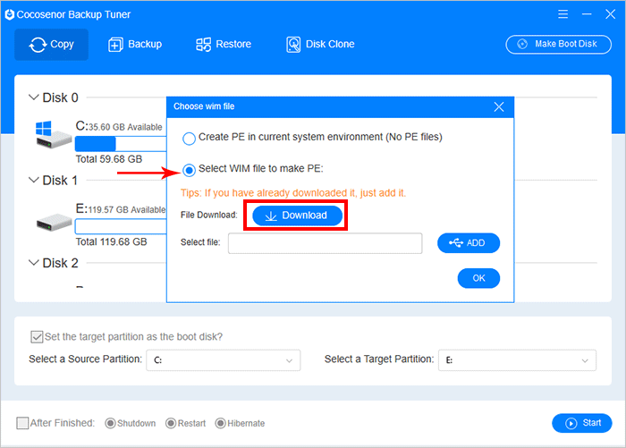 select wim file to make pe