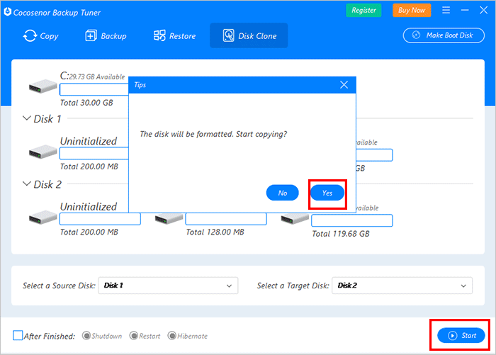 start clone after confirm