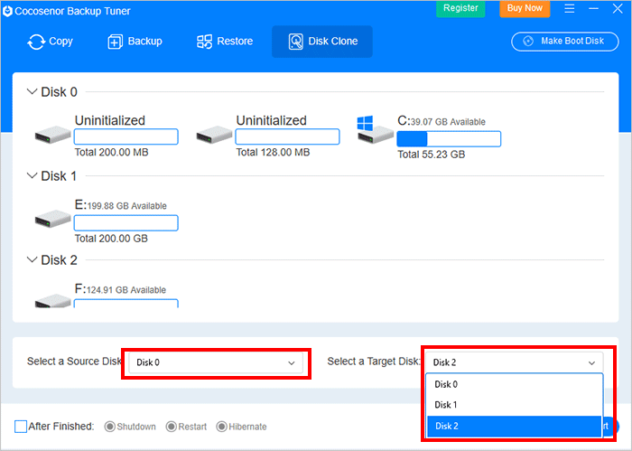 select source and target disk