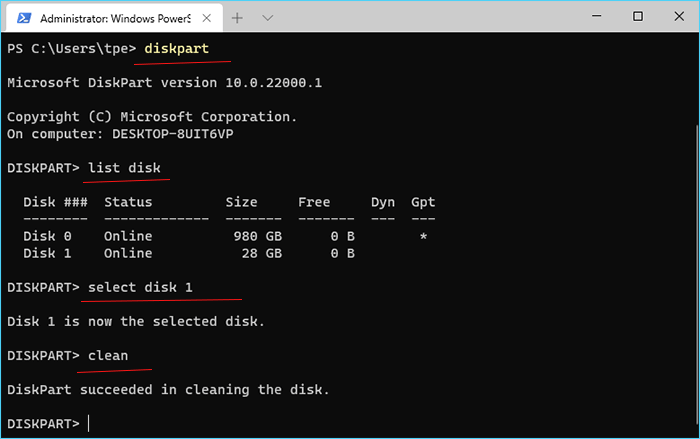 run commands to clean USB drive