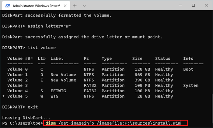 execute command to get Windows 10 ISO image info