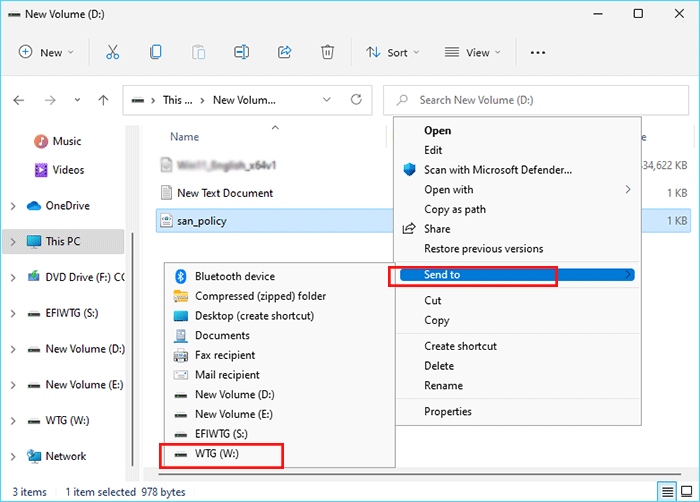 select send to USB OS partition