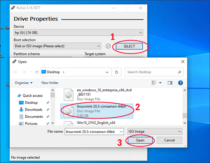 add Linux Mint ISO image file into Rufus