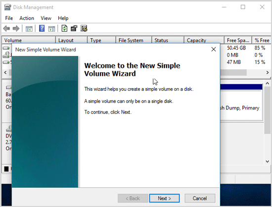 enter the new simple volume wizard and click the next