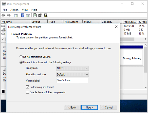 format partition and click the next
