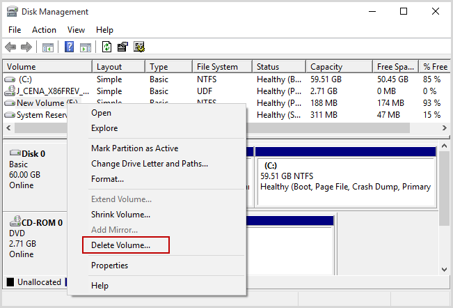 select delete volume to delete a partition