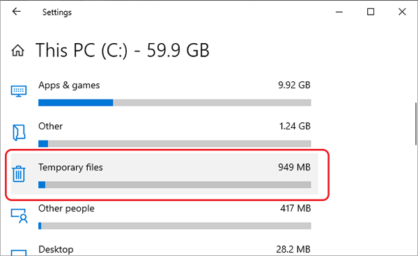 temporary files in Windows Settings