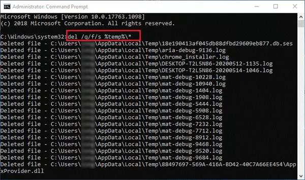 delete temporary files using cmd