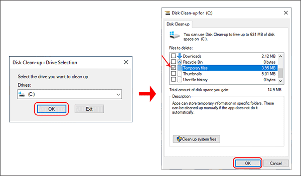 remove temporary files using disk cleanup
