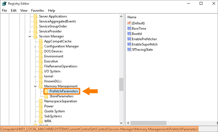 go to the prefetchparameters key