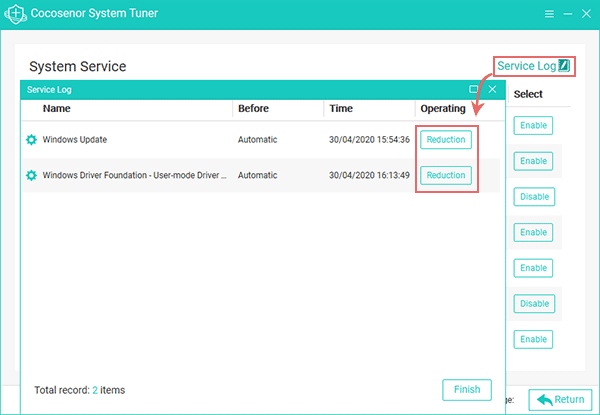 restore disabled service from the Service log