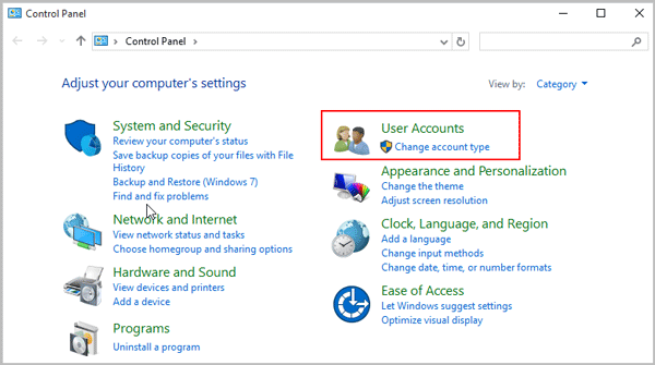 click user accounts in control panel