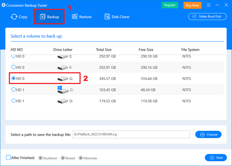 select backup and choose drive