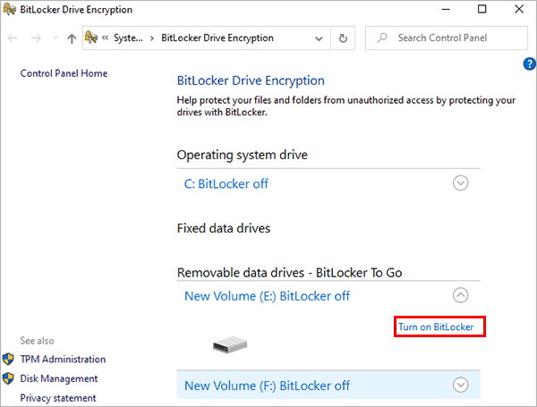select external drive to turn on bitlocker