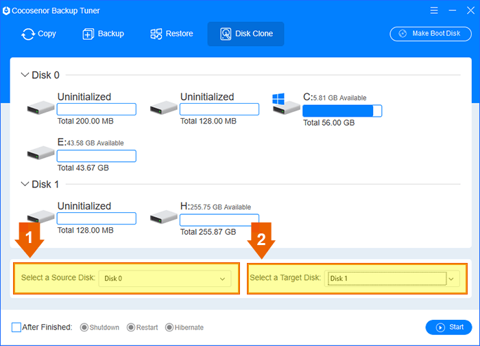 select source disk and target disk