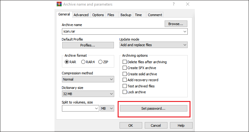 set winrar password