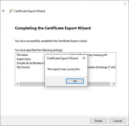  dokončení Průvodce exportem certifikátů