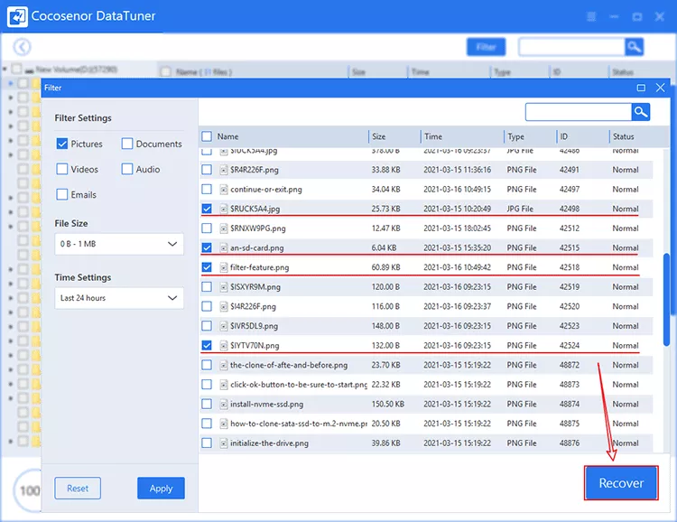 check-select files and click recover