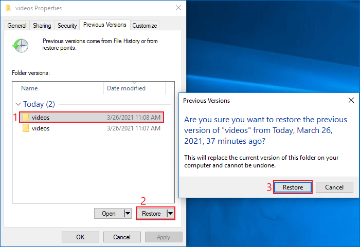 choose a version and click restore