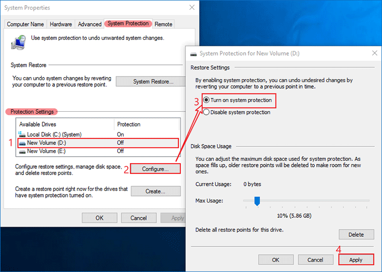 set up system protection for the drive