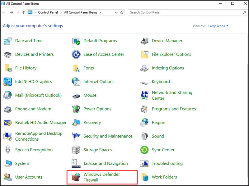 click Windows Defender Firewall