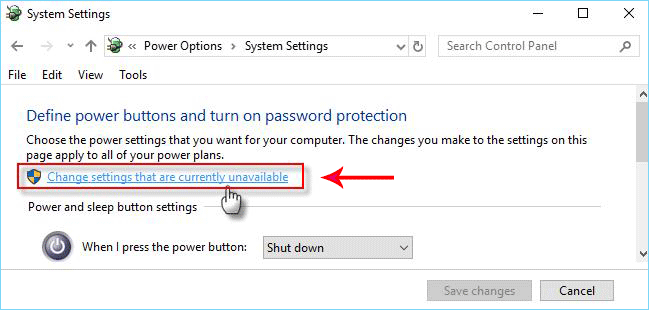 click Change settings that are currently unavailable