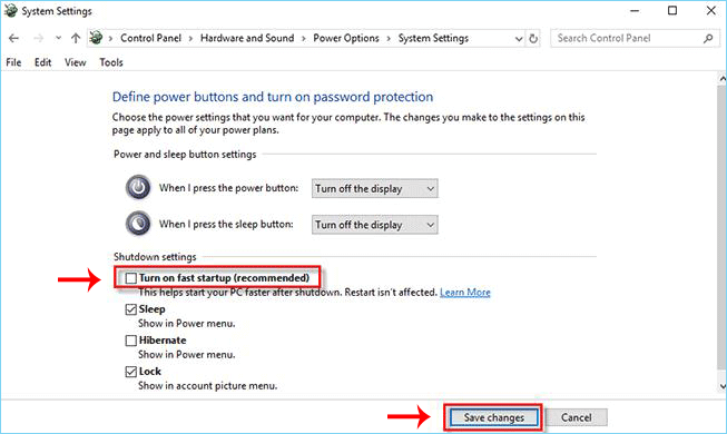 uncheck turn on fast startup