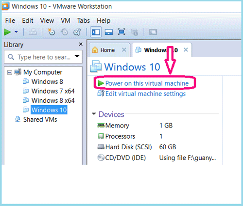 power on this virtual machine