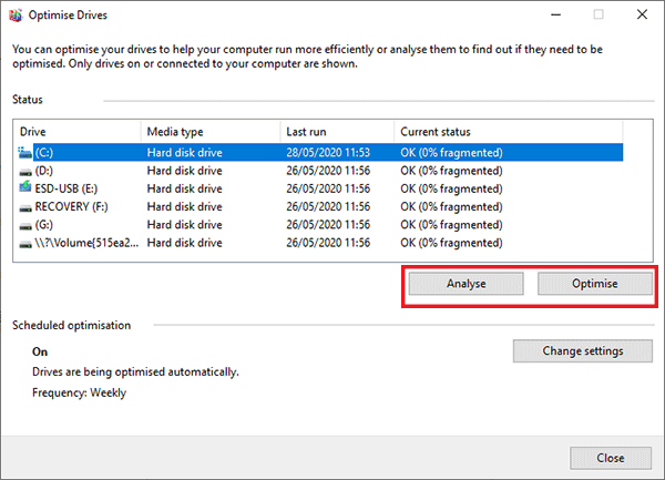 optimise drives on Windows 10