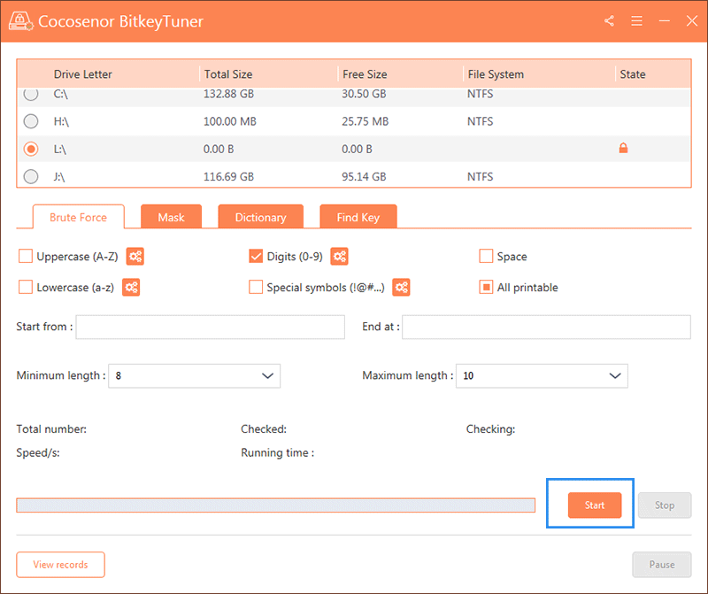 hit Start to recover password